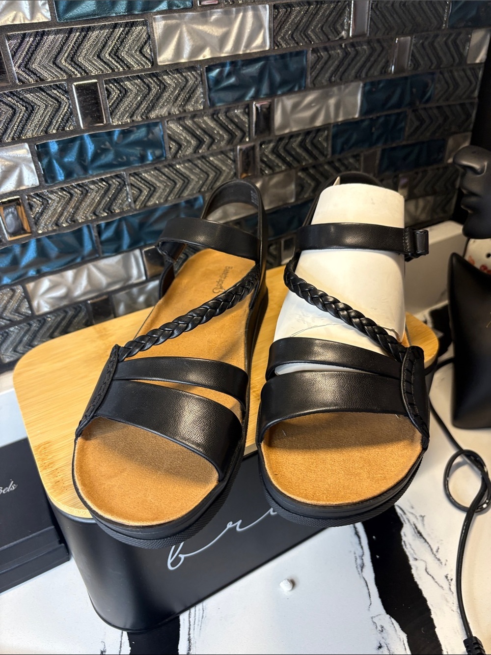 BareTraps Black Braided-Strap Comfort Sandals